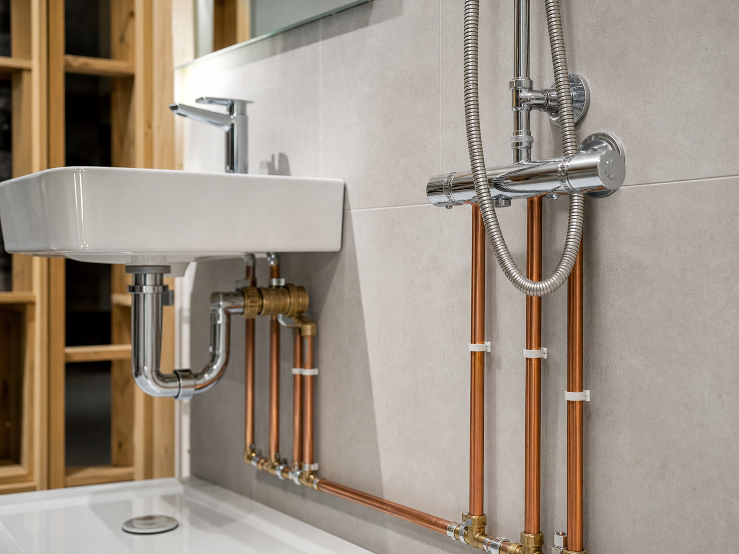 Bathroom plumbing and shower fitting detail during installation