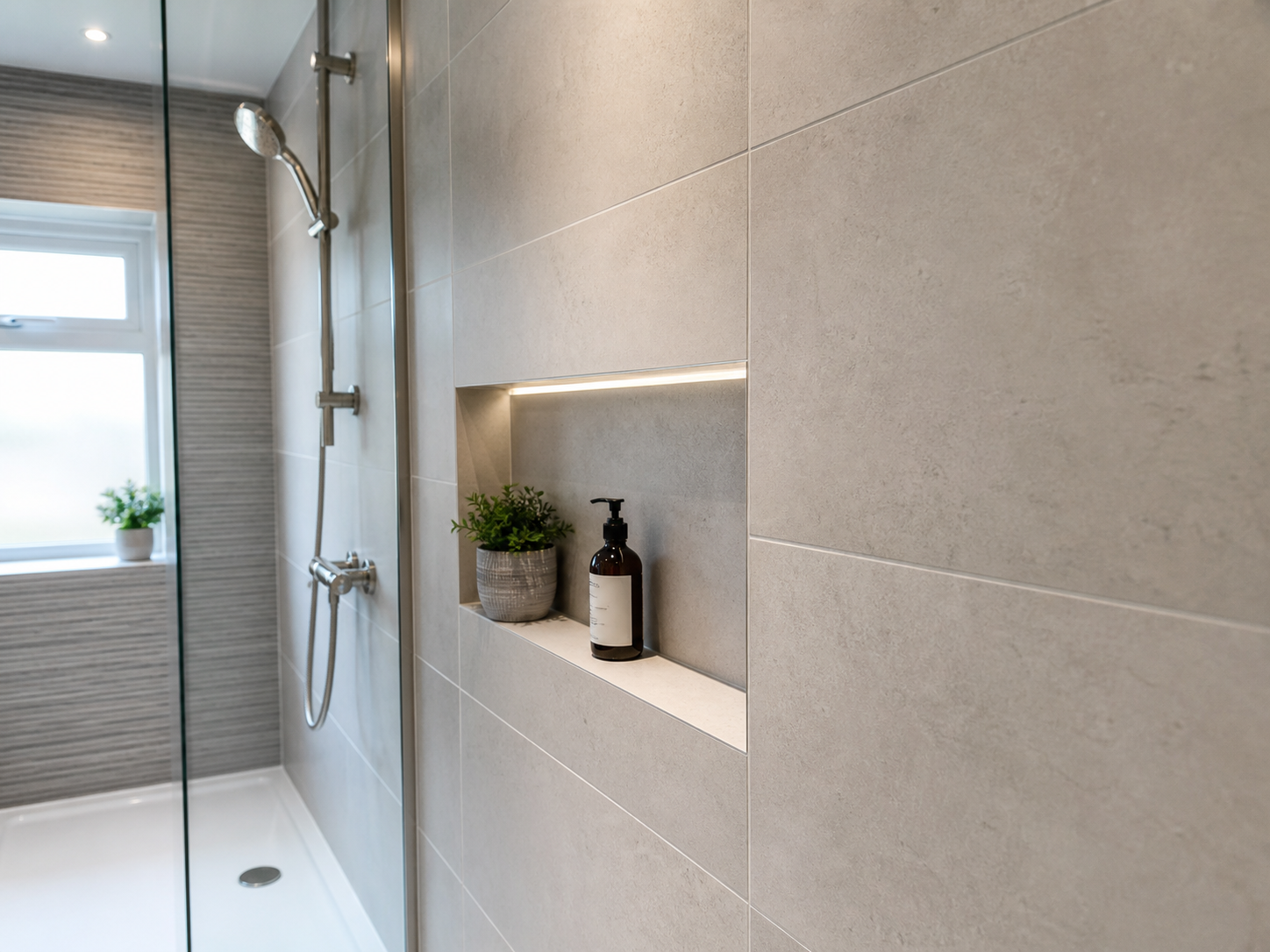 Close-up of clean bathroom wall tiling and grout lines